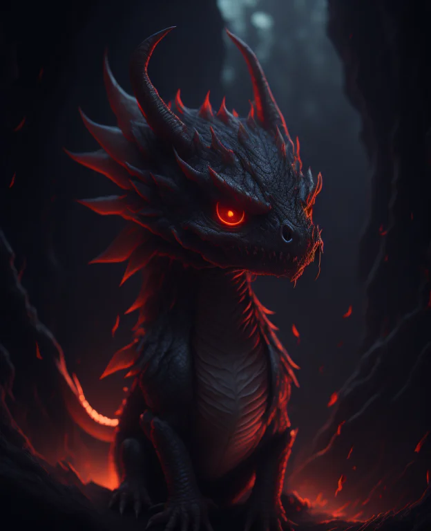 Portrait Of A Dragon Baby With Glowing Red Eyes, Particle Ef...