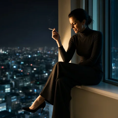 A Woman In Her Mid-30s Sitting Sideways On A Windowsill Of A... — Stable Diffusion AI Prompt: A woman in her mid-30s sitting sideways on a windowsill of a high-floor apartmen...