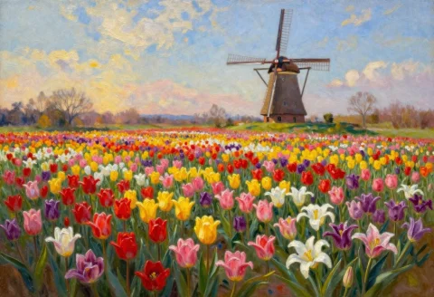Oil Painting Simulation, Expansive Spring Landscape. A Vast... — Stable Diffusion AI Prompt: Oil painting simulation, expansive spring landscape. A vast field filled with bl...
