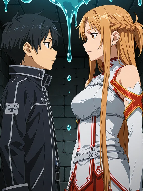 Anime Screencap,kirito Stares At Asuna In A Dungeon, Slime F...
