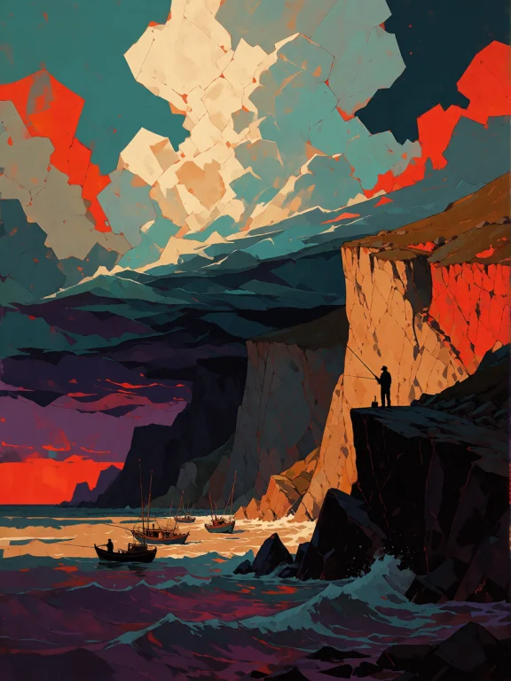 A Lone Fisherman Standing On A High Coastal Cliff Before A V...
