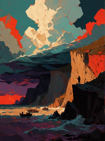A Lone Fisherman Standing On A High Coastal Cliff Before A V... — Stable Diffusion AI Prompt: A lone fisherman standing on a high coastal cliff before a violent storm, small...