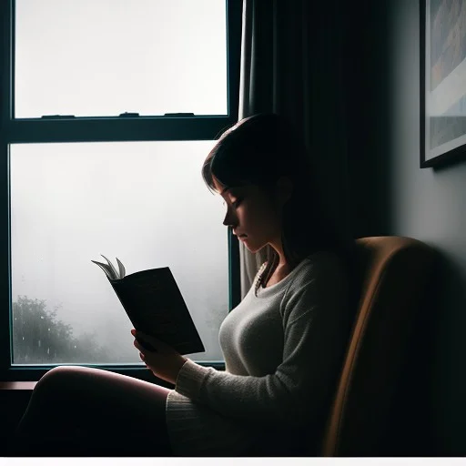A Woman Reading On A Rainy Window Seat, Cinematic Photograph...