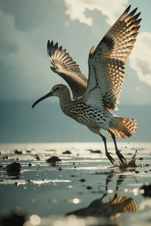 Nature, A Eurasian Curlew Lifting Off A Wet Irish Estuary, E...