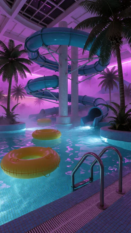 Dcl1m1nal. Medium-wide Eye-level Shot Of An Indoor Waterpark...