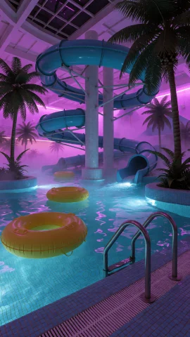 Dcl1m1nal. Medium-wide Eye-level Shot Of An Indoor Waterpark... — Stable Diffusion AI Prompt: DCL1M1NAL. Medium-wide eye-level shot of an indoor waterpark with a large windin...