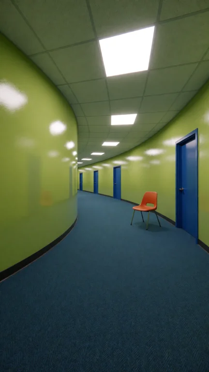 Dcl1m1nal. Wide Eye-level View Down A Long, Curving Hallway...