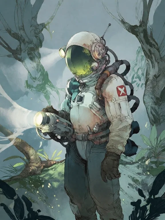 Bradhamel Art Style. A Lone Astronaut In A Detailed Space Su...