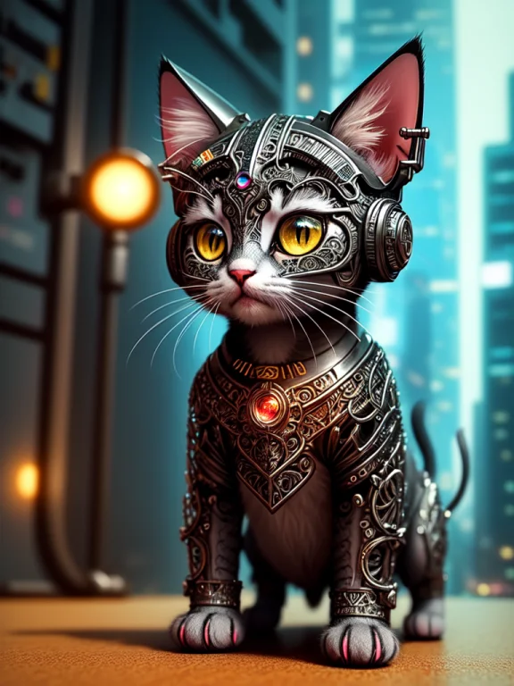 A Cute Kitten Made Out Of Metal, Cyborg, Cyberpunk Style, In...