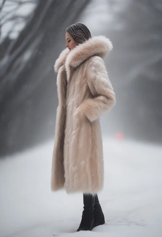 A Fur-trimmed Coat In Falling Winter Snow, Analog Photo, Ove...