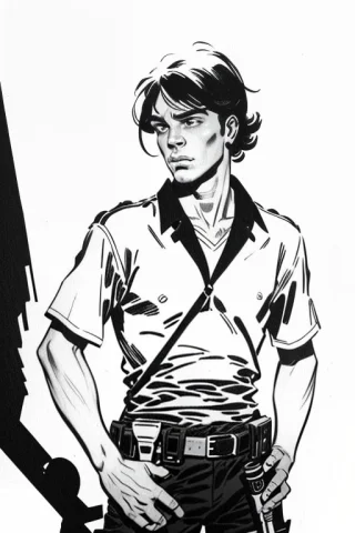 Gimenez Black And White Drawing. Frontal View. Skilled Male... — Stable Diffusion AI Prompt: gimenez black and white drawing. frontal view. ((skilled male handyman working o...