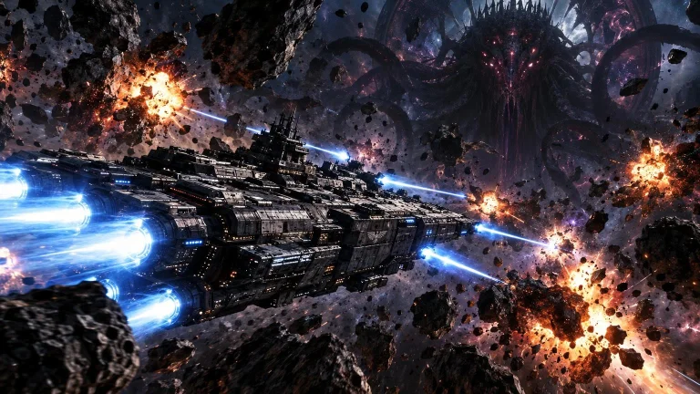 A Massive, Wide, And Robust Warship Speeds Through A Dense F...