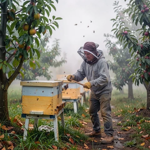 A Beekeeper Checking Hives In An Orchard, Plein Air Painting... — Stable Diffusion AI Prompt: a beekeeper checking hives in an orchard, plein air painting, foggy diffused lig...