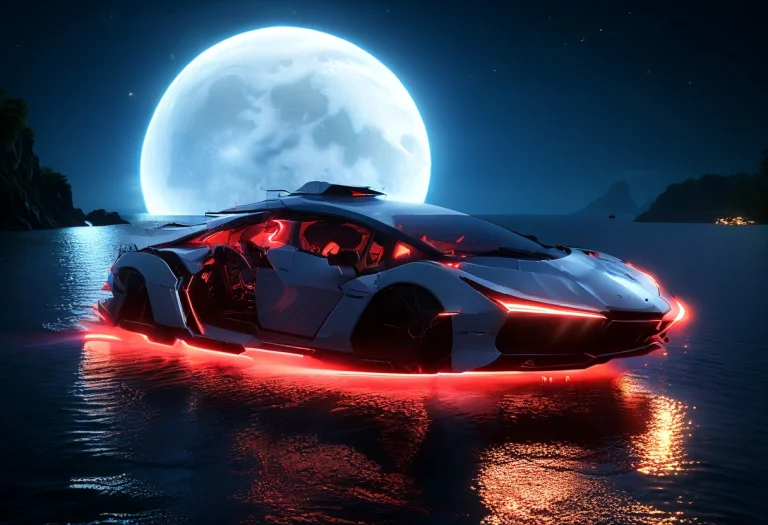 Whiteember, Boat Made Of Glossy White And Red Glow,sea, Neon...