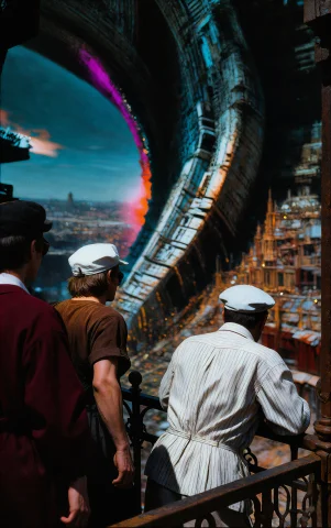 A Photograph Shot From Behind Three Spectators Standing At A... — Stable Diffusion AI Prompt: A photograph shot from behind three spectators standing at an iron railing/ look...