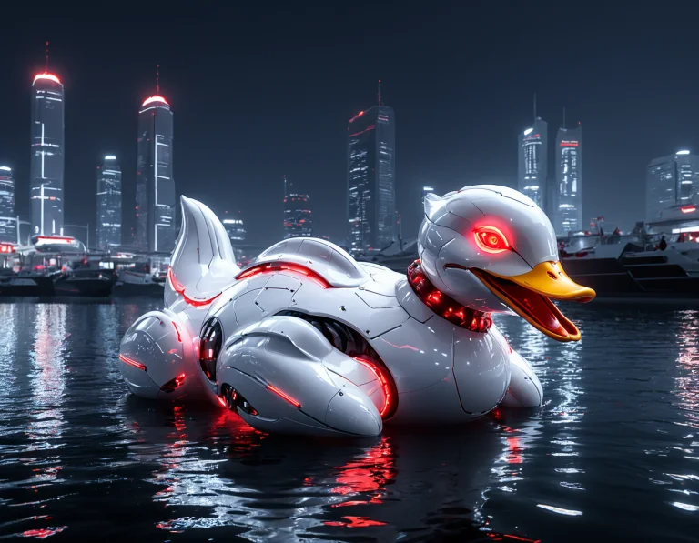 A Giant Rubber Duck Mech Made Of Glossy White Tech With Glow...