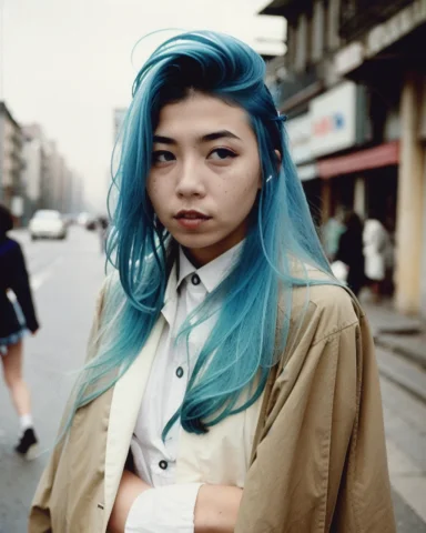 Color Film Photograph, Young Woman, Atomic Punk, Blue Hair,... — Stable Diffusion AI Prompt: color film photograph, young woman, atomic punk, blue hair, city street, freckle...