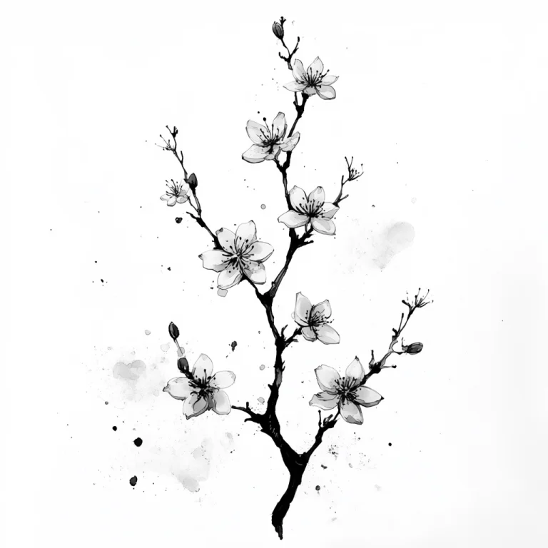 Arsmjstyle, Zen Ink Wash Sumi-e, A Delicate Cherry Blossom B...