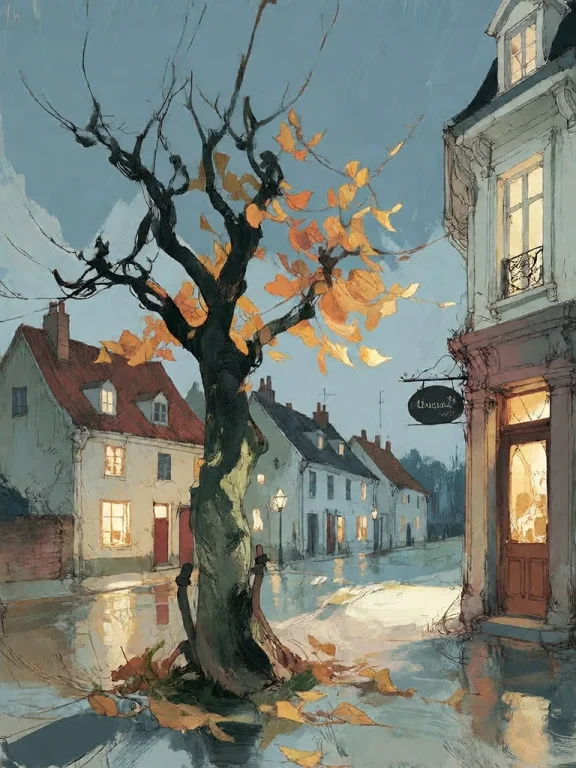 Bradhamel Art Style. A Rainy Autumn Street Scene Rendered In...