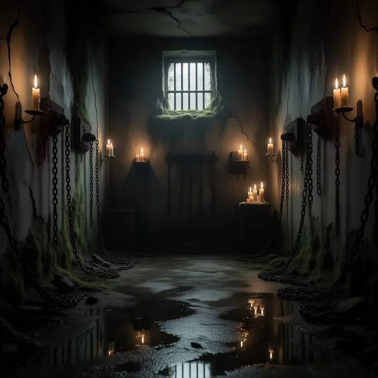 A Dim, Oppressive Dungeon Lit By Flickering Candles. Cracked...