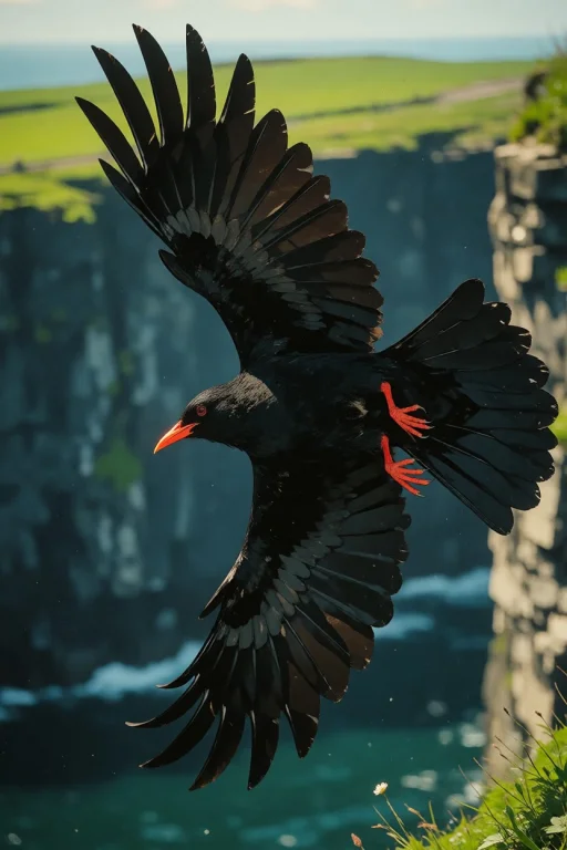 Nature, A Red-billed Chough Banking Hard Along The Cliffs Of...