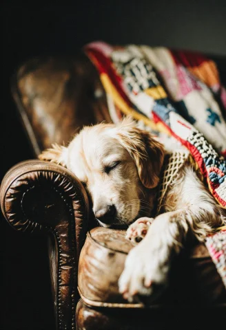 A Light Golden Retriever Sleeps Deeply On A Vintage Leather... — Stable Diffusion AI Prompt: A light golden retriever sleeps deeply on a vintage leather armchair draped with...