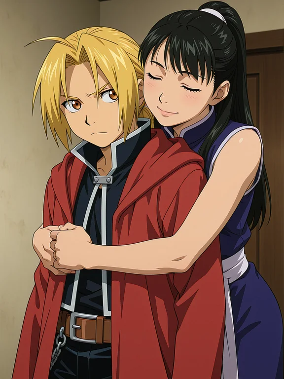 Anime Screencap, Edward Elric Being Hugged From Behind By Ma...