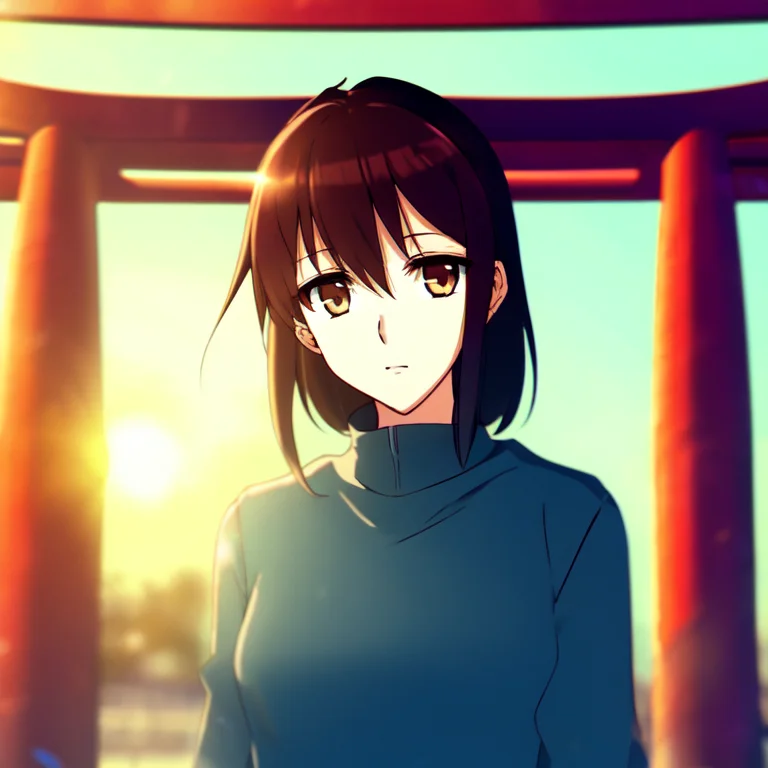 Anime, A Woman Stands In Front Of The Torii Gate And Looks A...