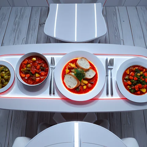 Whiteember, A Home-cooked Dinner Spread Of Stews Breads And... — SDXL AI Prompt: WhiteEmber, a home-cooked dinner spread of stews breads and vegetables on a wood...