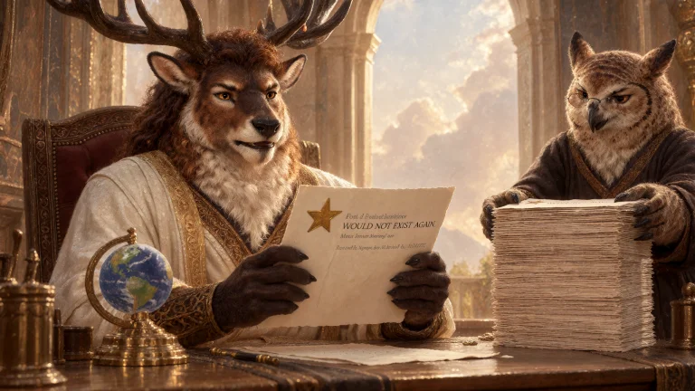 An Imposing Adult Anthro Stag Deity Sits Behind A Celestial...