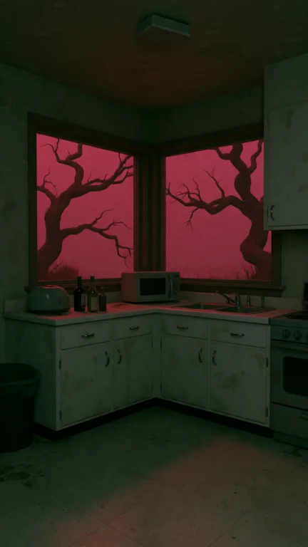 Dcl1m1nal. Medium Eye-level Shot Of A Small Abandoned Kitche...