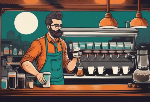 A Barista Framed By Steam In A Cozy Cafe, Cold Moonlit Tones... — SDXL AI Prompt: a barista framed by steam in a cozy cafe, cold moonlit tones, fisheye lens, fram...