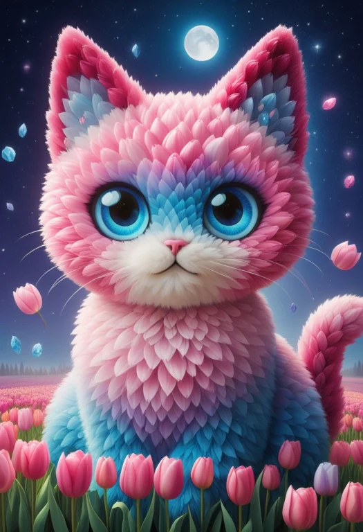 Jaynl-tm, Cute Pink And Blue Cat Made Of Tulips, Crystalized...