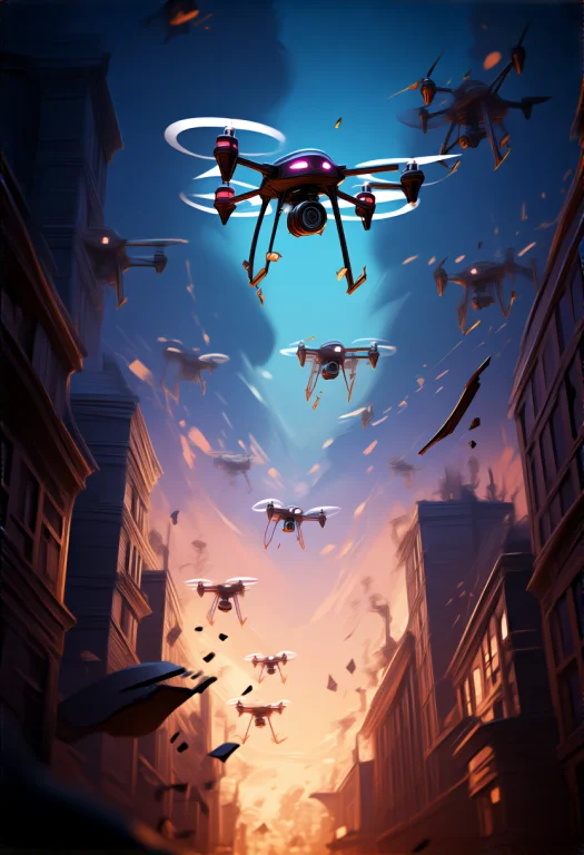 High Quality, Detailed, A Drone Swarm Crossing A Shattered S...