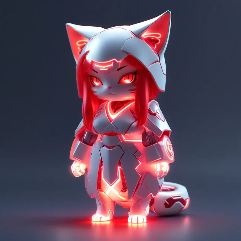 A 3d Chibi Anime Red Hair Cat Girl Wear Glowing Kimono Made...