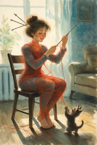 Vladimir Zarubin Style Gouache Illustration, A Woman Complet... — Stable Diffusion AI Prompt: Vladimir Zarubin style gouache illustration, a woman completely tangled in a mas...