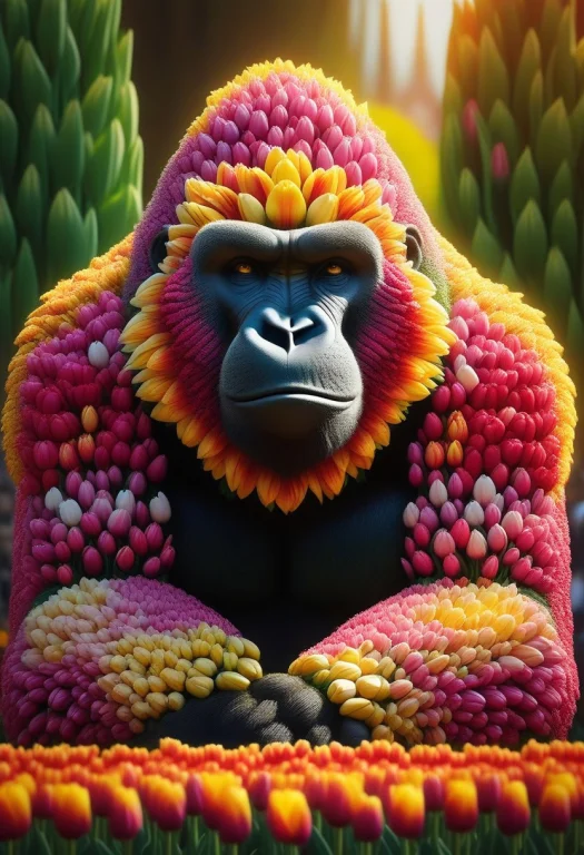 A Massive Silverback Gorilla Made Of Tulips Beating Its Ches...