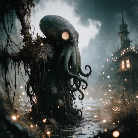 Cthulhu Standing In A Swamp, Surrounded By Dead Trees, Eldri... — Stable Diffusion AI Prompt: Cthulhu standing in a swamp, surrounded by dead trees, eldritch green mist, and...