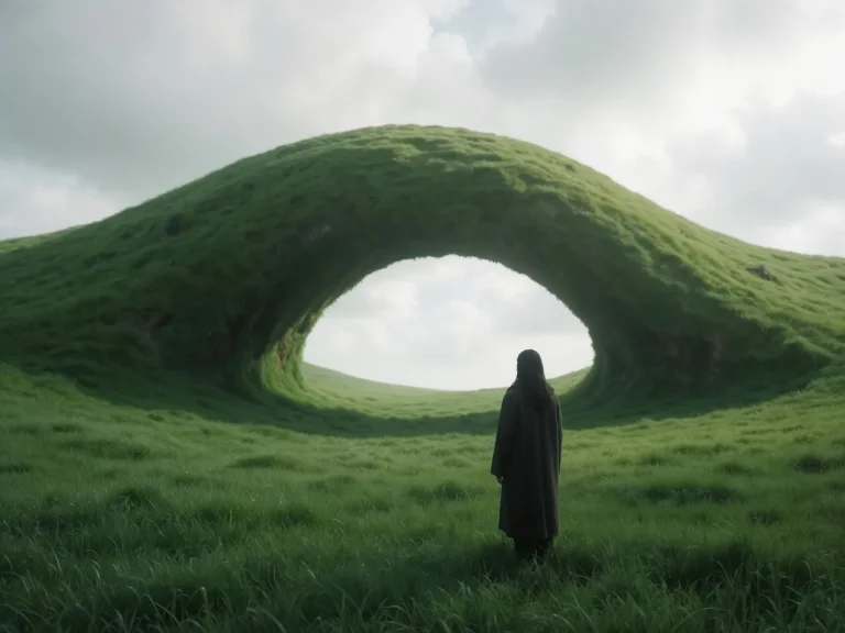 Person In Dark Cloak Standing Before Giant Grass Archway Gre...