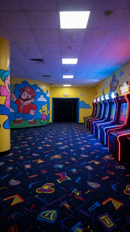 Dcl1m1nal. Wide Eye-level View Of An Empty Arcade Interior W...