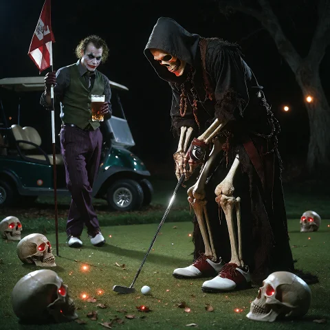 A Surreal Horror Scene. Death Is Playing On An Exclusive Gol... — Stable Diffusion AI Prompt: A surreal horror scene. Death is playing on an exclusive golf course. He wears a...