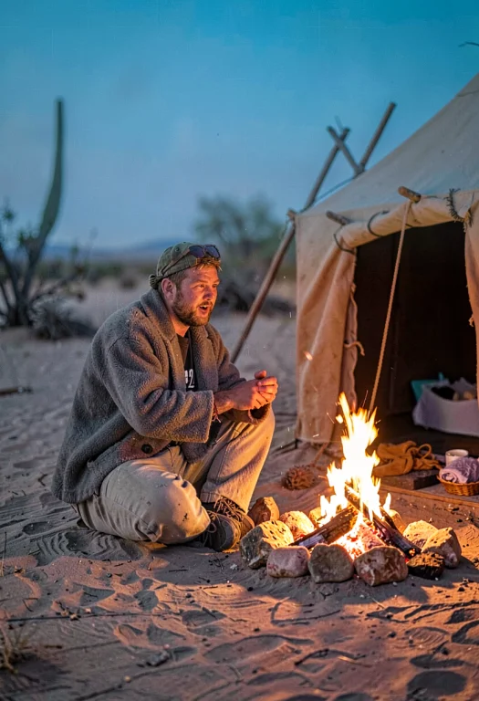 A Traveler Resting Beside A Desert Campfire, Blue Hour, 85mm...