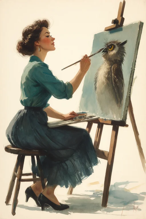 Vladimir Zarubin Style Gouache Illustration, A Woman Paintin...