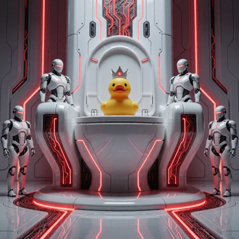 A Tiny Yellow Plastic Rubber Duck Wearing A Futuristic White... — SDXL AI Prompt: A tiny yellow plastic rubber duck wearing a futuristic white crown erde