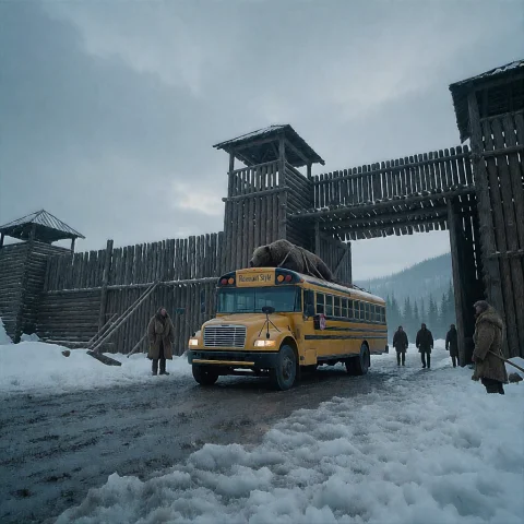 Lorarev1,trgrev,an Extreme Long Shot Cinematic Wide Angle,a... — Stable Diffusion AI Prompt: ,trg_rev,an extreme long shot cinematic wide angle,a modern yellow school bus pa...