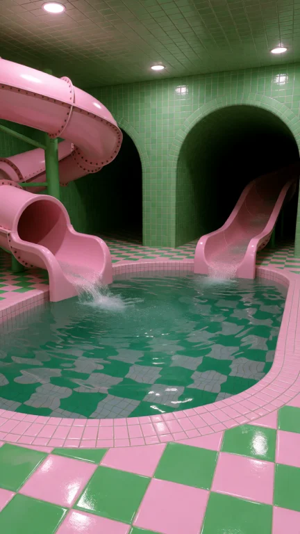 Dcl1m1nal. Tall Eye-level Shot Facing A Small Indoor Pool Wi...