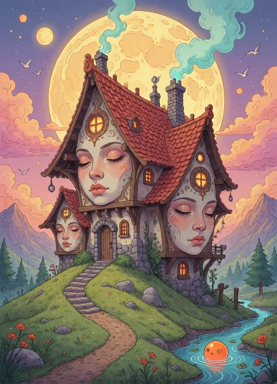 A Whimsical And Surreal Illustration Of A Multi Story House...