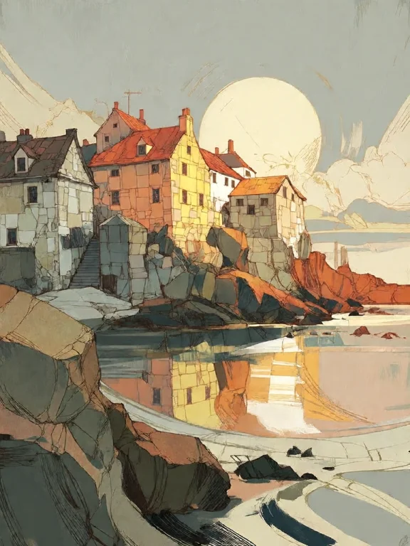 Bradhamel Art Style. A Serene Coastal Town At Golden Hour, R...