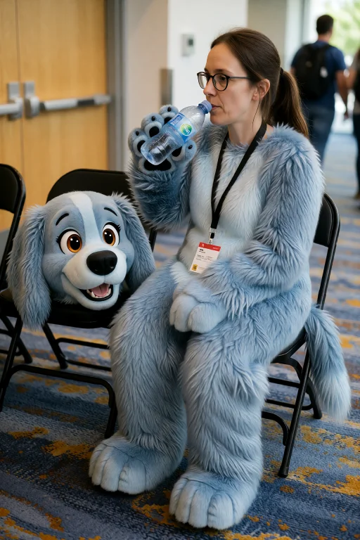 Nancyfrancis Wearing The Bluedog Fursuit, Sitting Exhausted...
