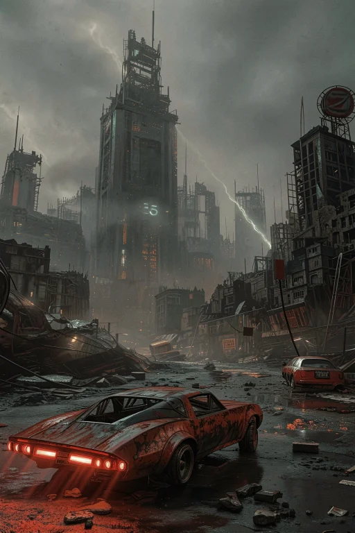 A Damaged Car Is Positioned In The Lower Left Foreground Wit...